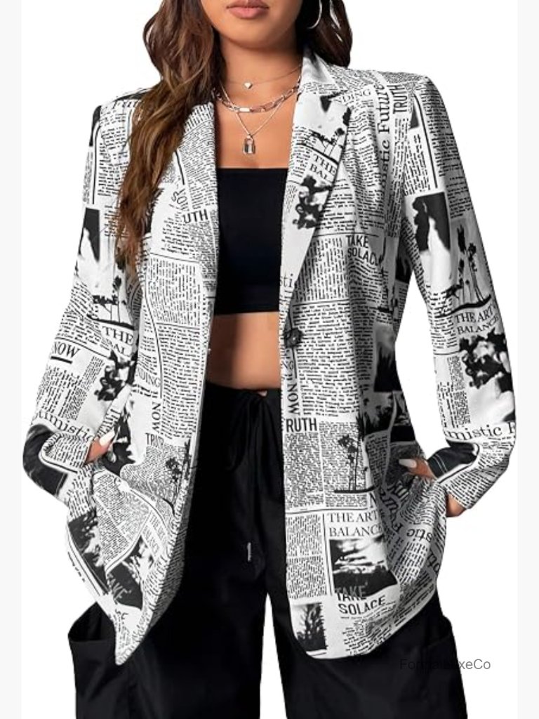 Newspaper Print Blazer With Shawl Collar Long Sleeve Office